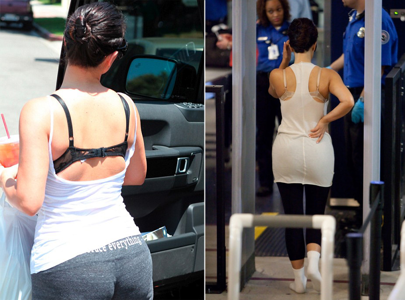 Kim Kardashian com o sutiã aparecendo nas costas