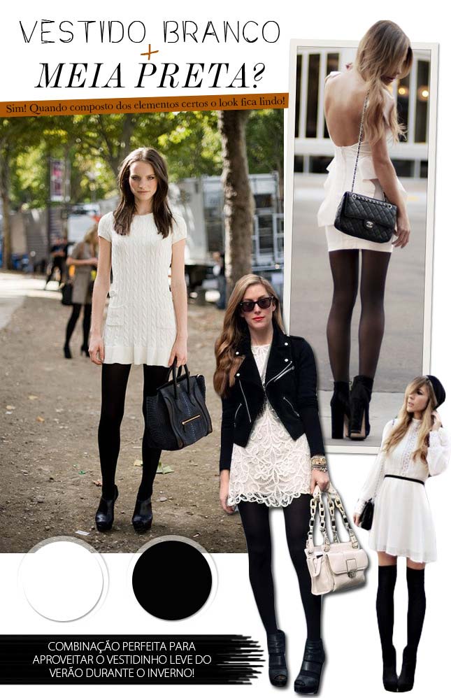 Combinação favorita do inverno: vestido branco e meia calça preta. Veja dicas de coo se vestir bem no inverno!