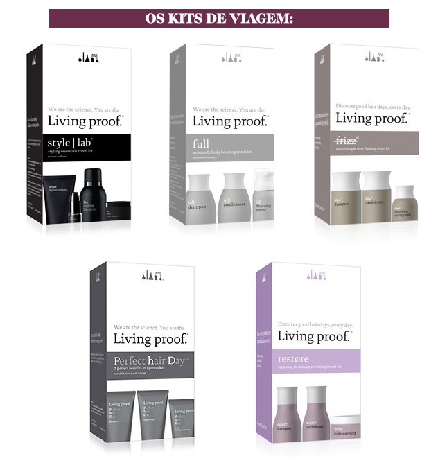Kits de viagem da Living Proof, incluindo o shampoo No Frizz.