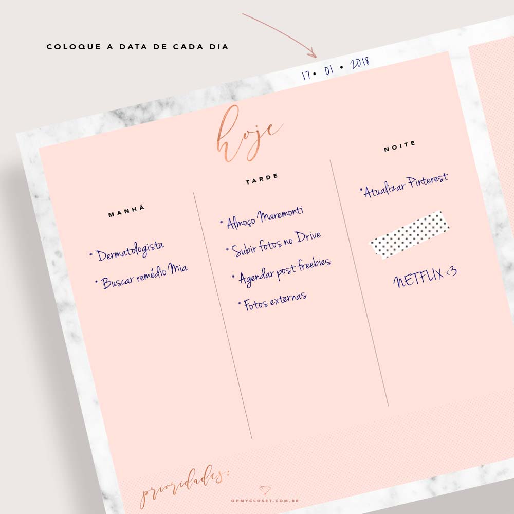 Planner diário minimalista rosa blush e mármore para imprimir.