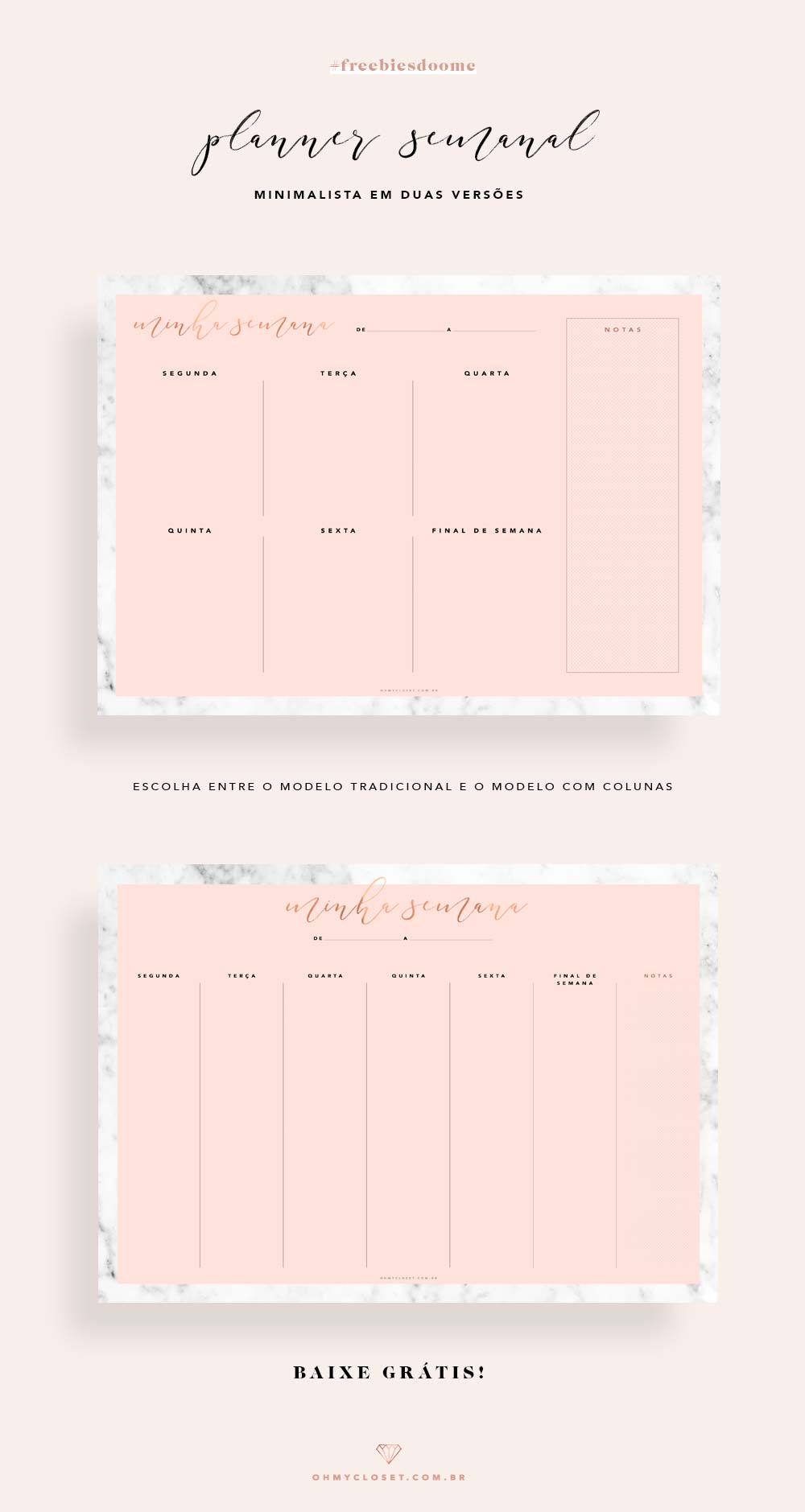 Planner semanal minimalista 2018 rosa e mármore grátis para imprimir.