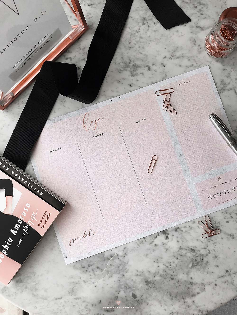 Planner diário 2018 rosa blush e mármore.