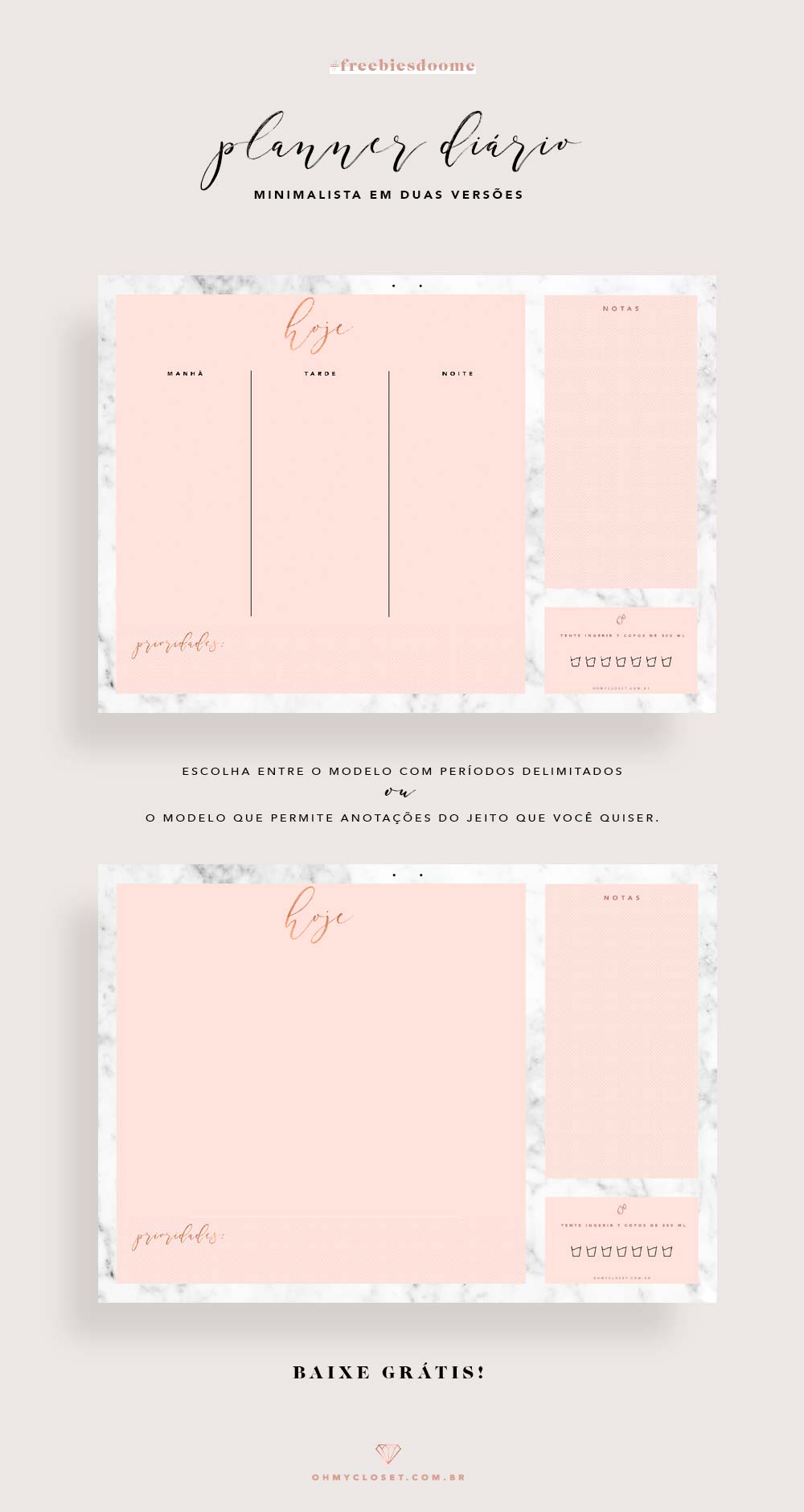 Planner diário minimalista em rosa blush e mármore, grátis para imprimir.