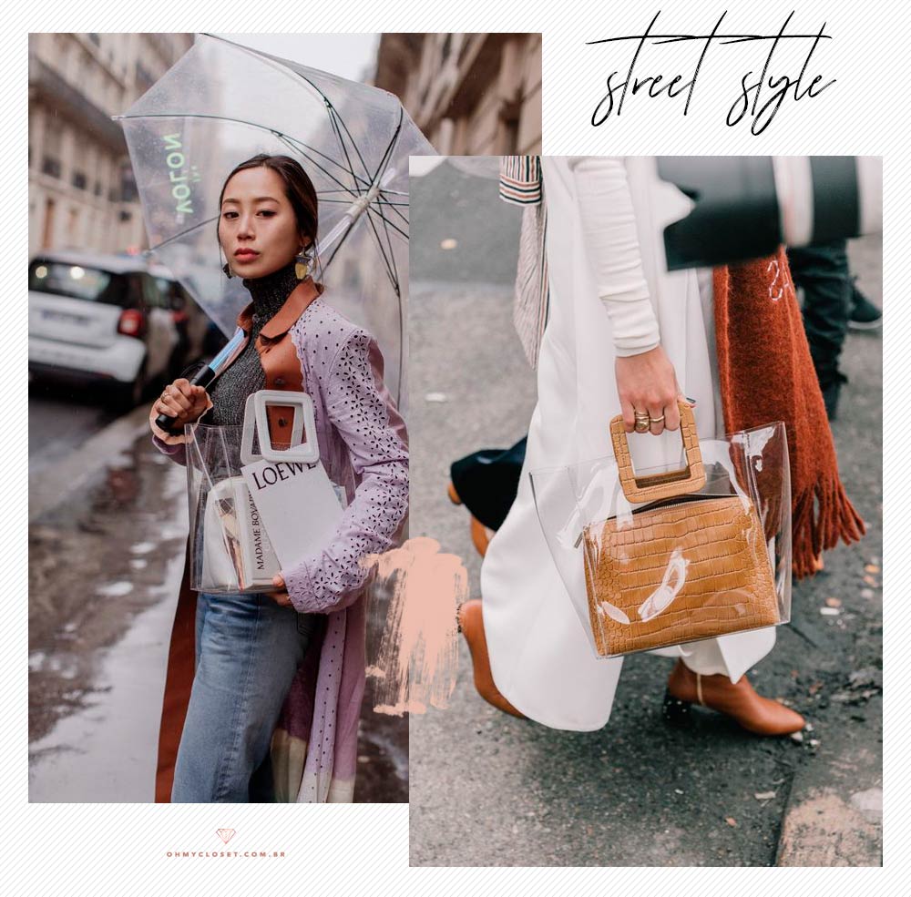 Bolsas transparentes no street style com Aimee Song. Clear bags são tendencia do verão 2019.
