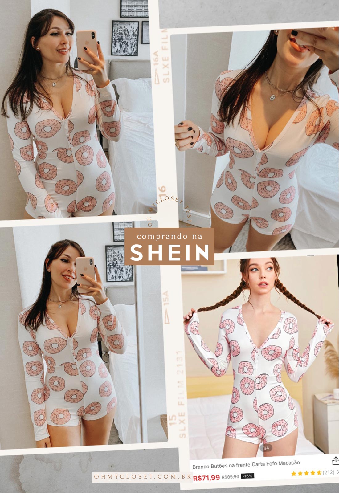 Pijama onezie da SHEIN, branco com donuts.