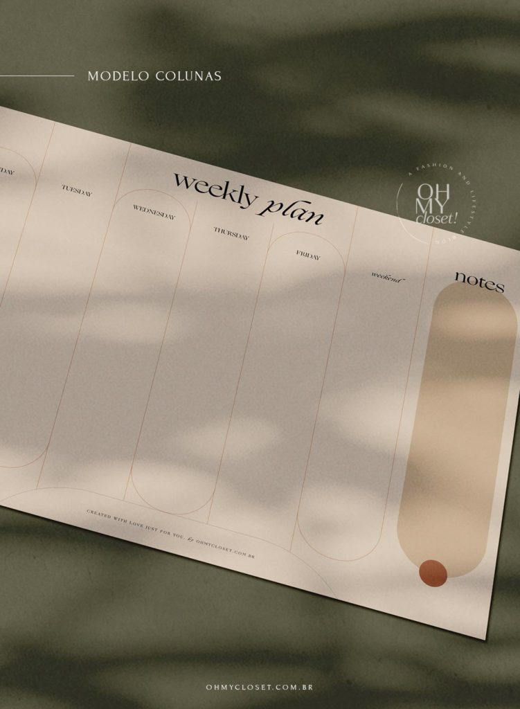 Planner semanal, moderno e minimalista, em colunas para download.