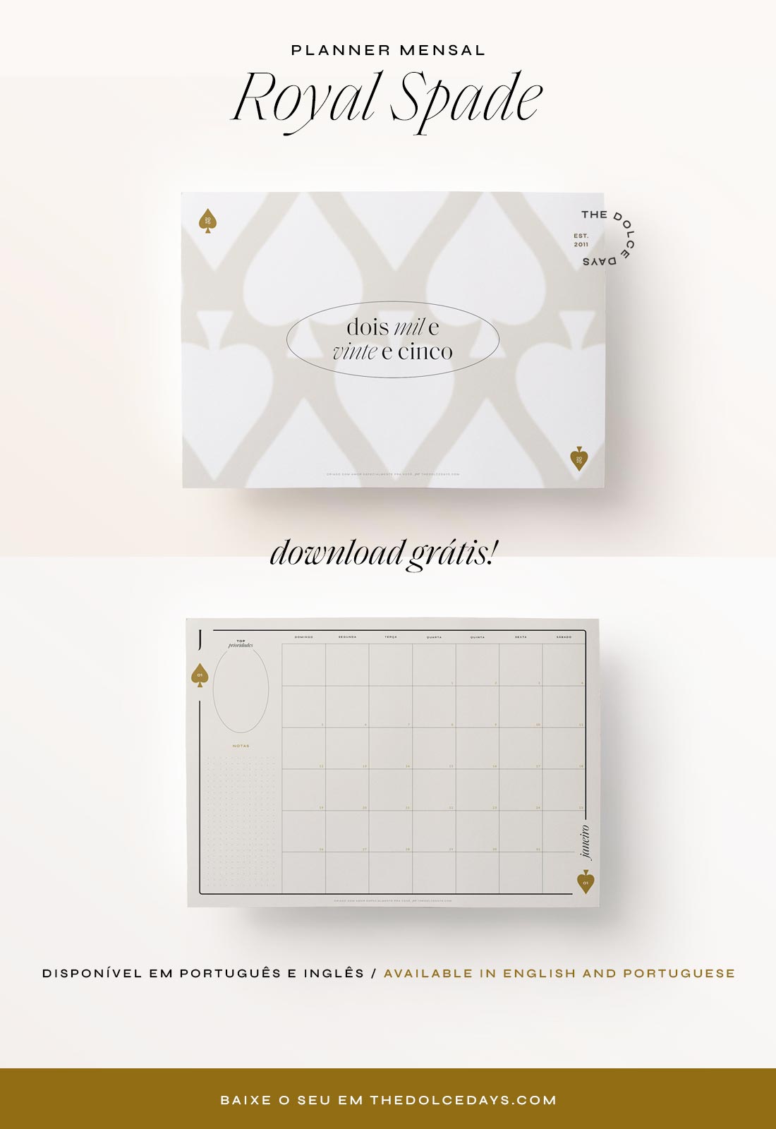 Planner Mensal 2025 Grátis Para Imprimir Coleção Royal Spade The Dolce Days