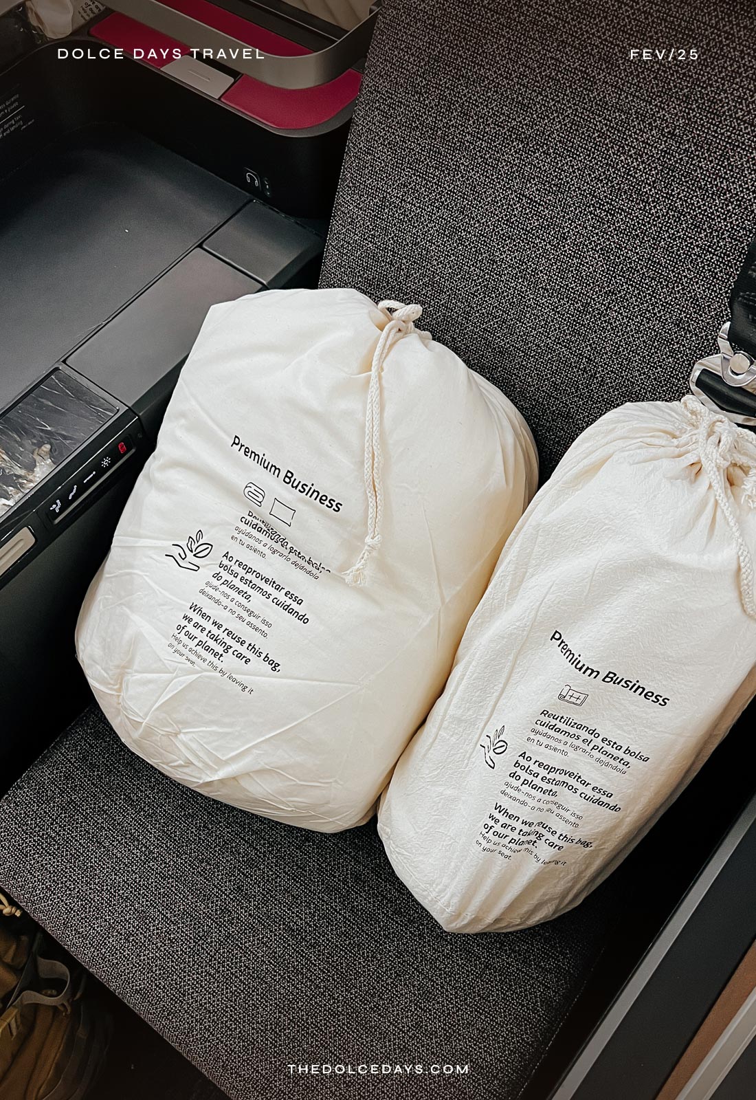 Edredom e pillow plane em sacos de tecido, opção sustentável na Premium Business da LATAM