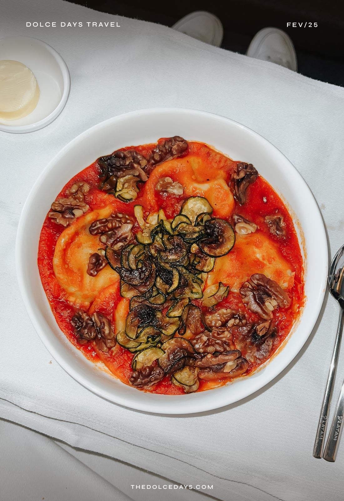 Ravioli de mascarpone e nozes na Premium Business da LATAM