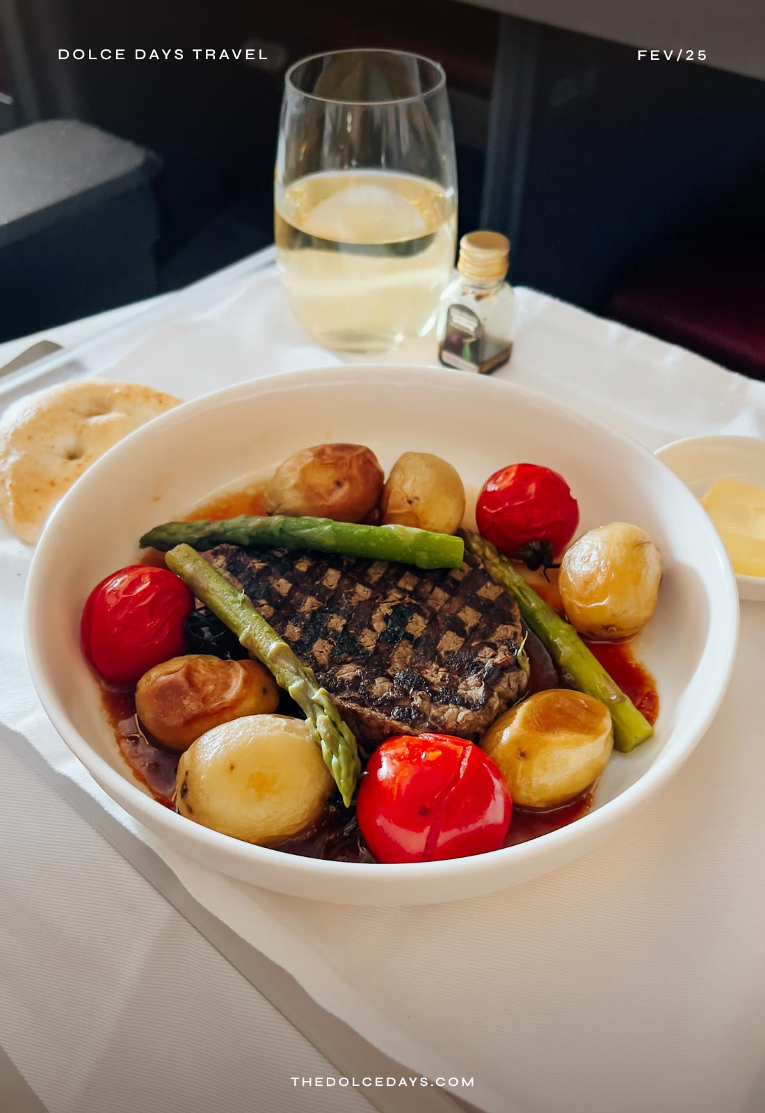 Filé grelhado com legumes no almoço da classe executiva da LATAM