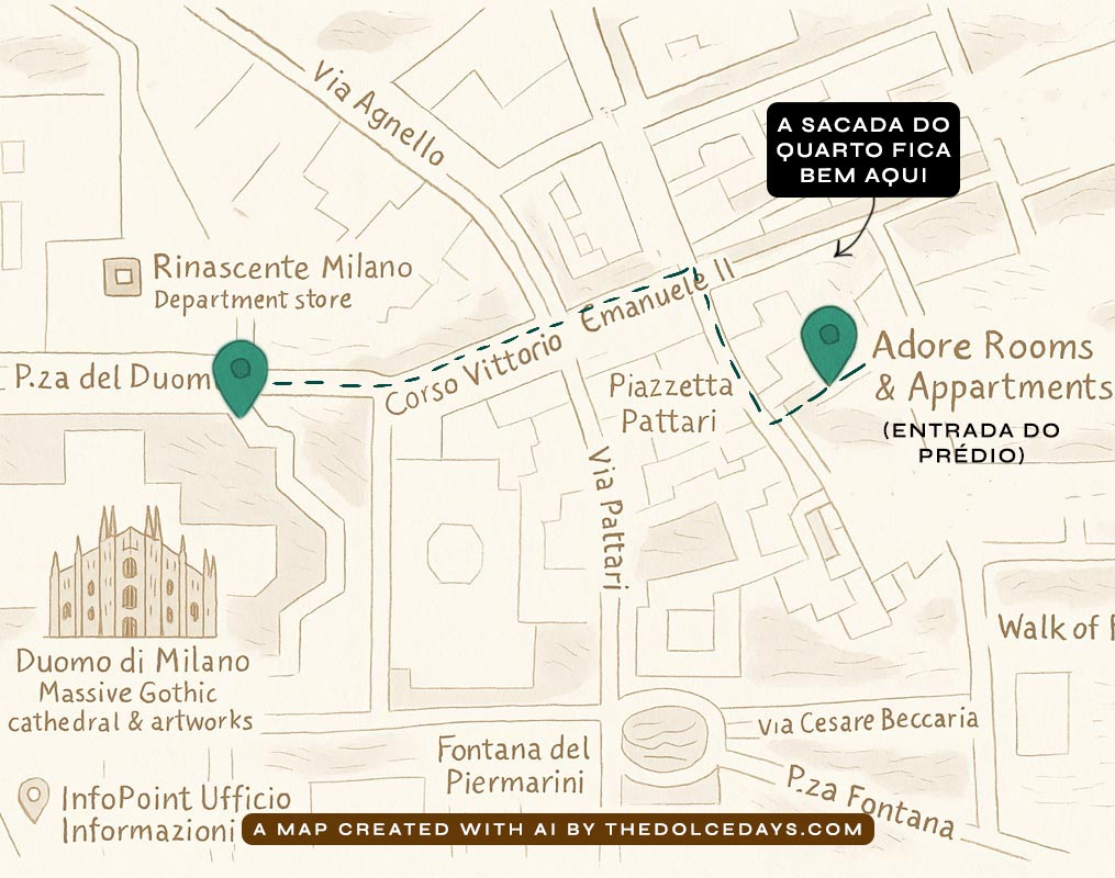 Mapa do trajeto a pé saindo do Adore Rooms até o fundo do Duomo de Milão