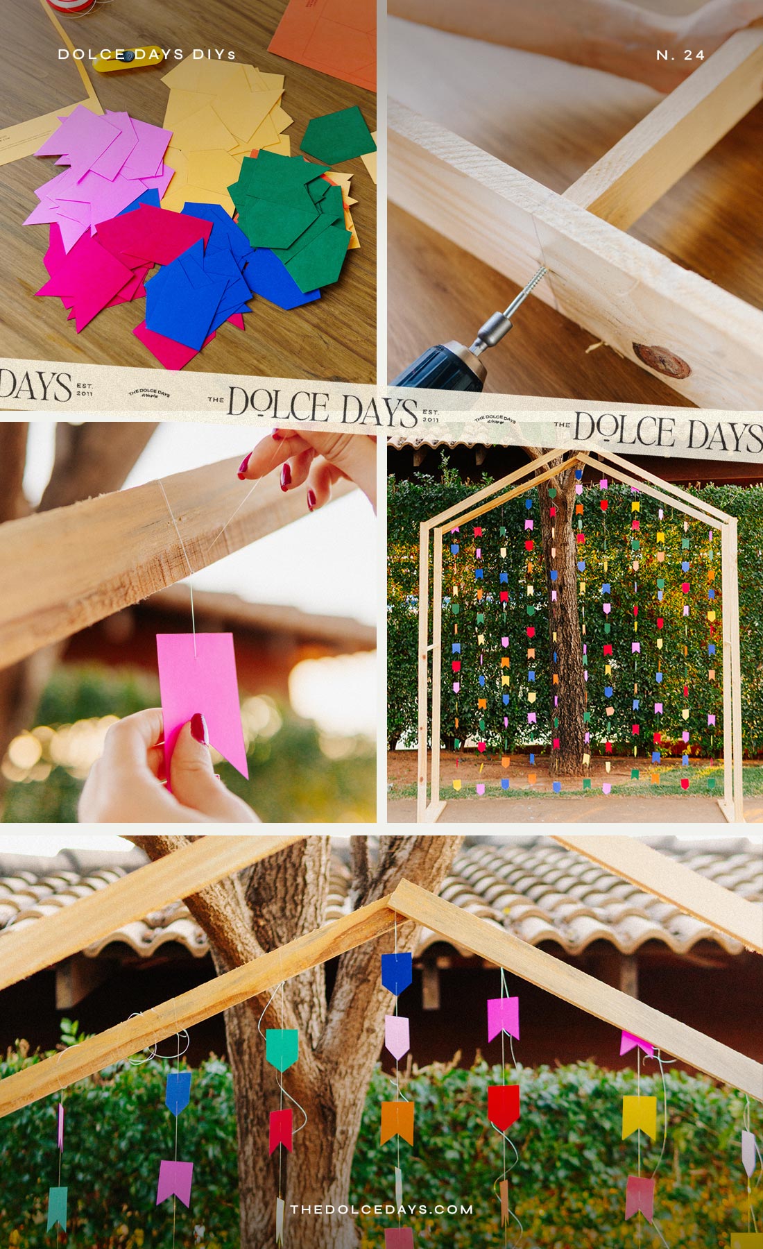 Fundo para fotos de festa junina decorado com bandeirinhas de papel - DIY e molde grátis The Dolce Days