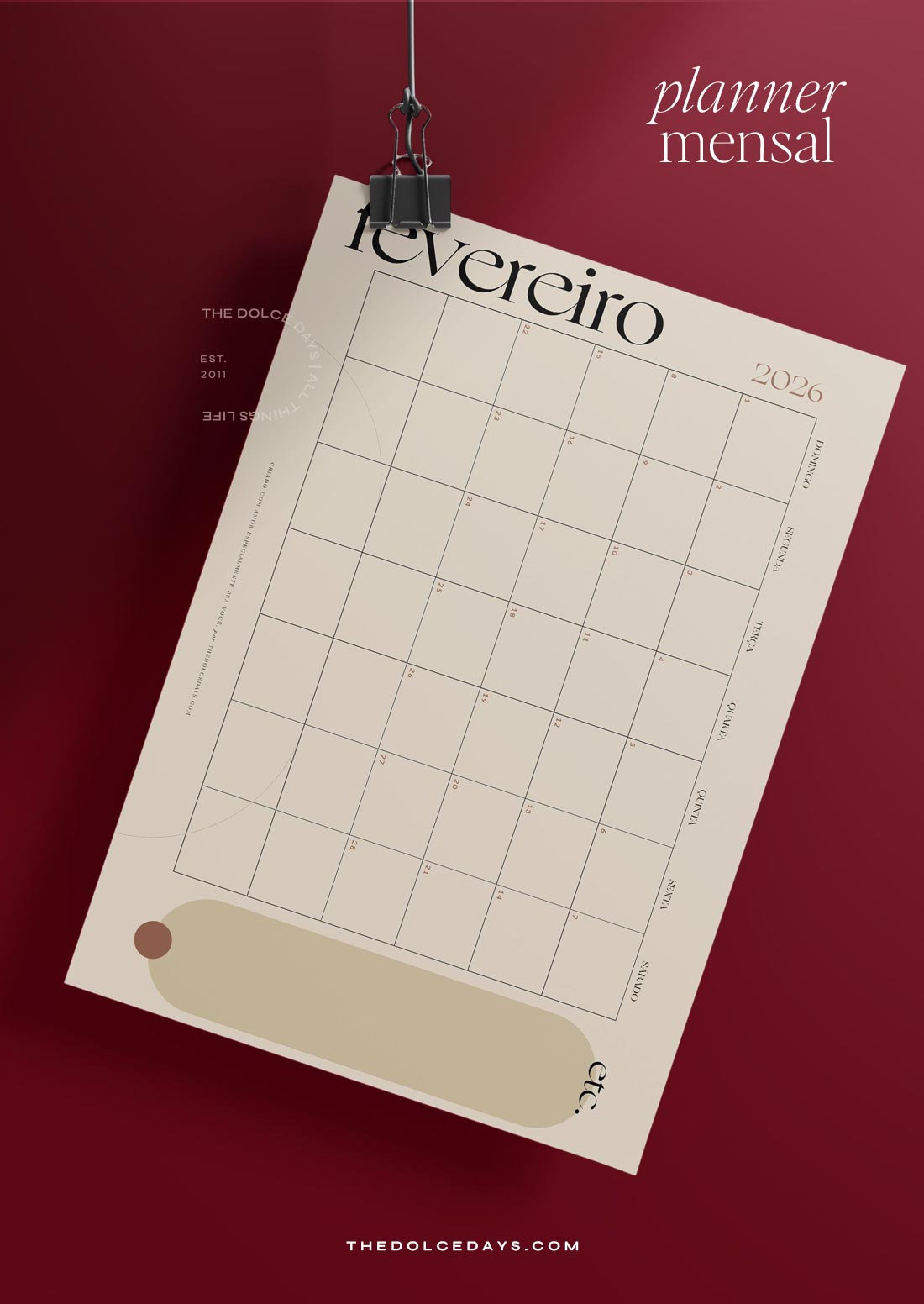 Planner mensal minimalista grátis para imprimir do The Dolce Days